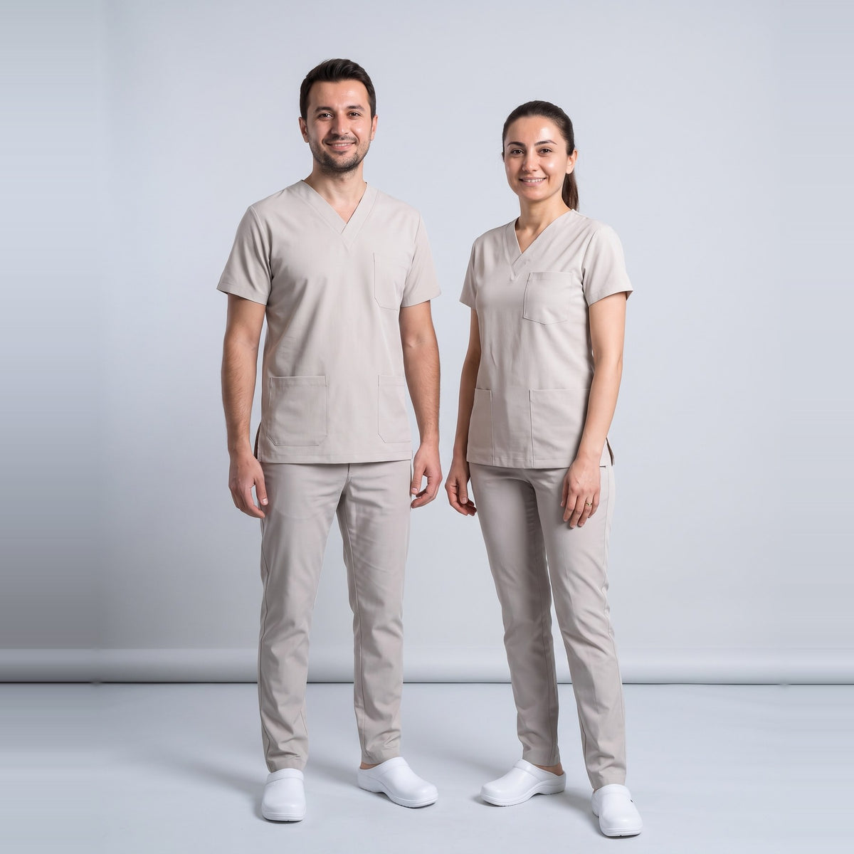 Bej Sağlık Teknisyen/Tekniker ve Tıbbi Sekreter Forması Likralı Scrubs Takım (Moth) - 1