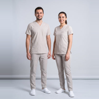 Bej Sağlık Teknisyen/Tekniker ve Tıbbi Sekreter Forması Likralı Scrubs Takım (Moth) - 1