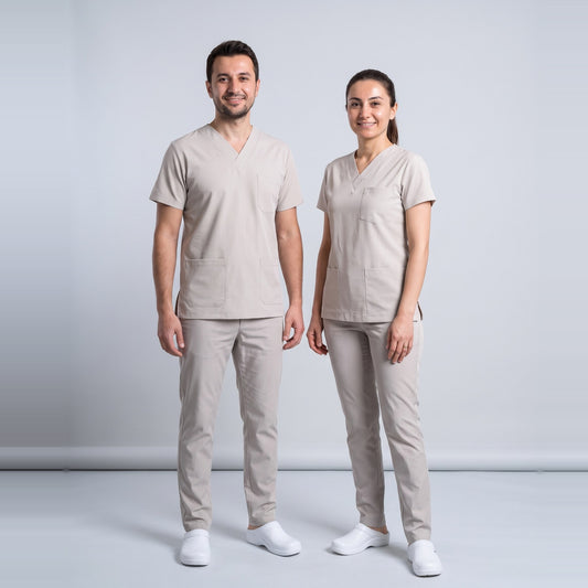 Bej Sağlık Teknisyen/Tekniker ve Tıbbi Sekreter Forması Likralı Scrubs Takım (Moth) - 1