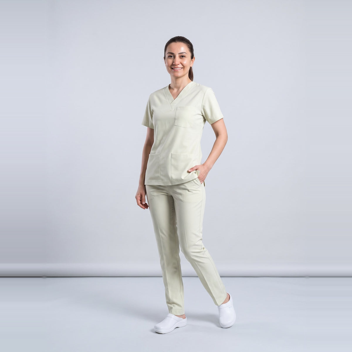Bej Sağlık Teknisyen/Tekniker ve Tıbbi Sekreter Forması Likralı Scrubs Takım (Moth) - 3