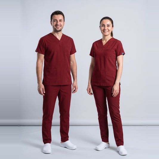Bordo Hastane Forması Likralı Scrubs Takım (Biking Red) - 1