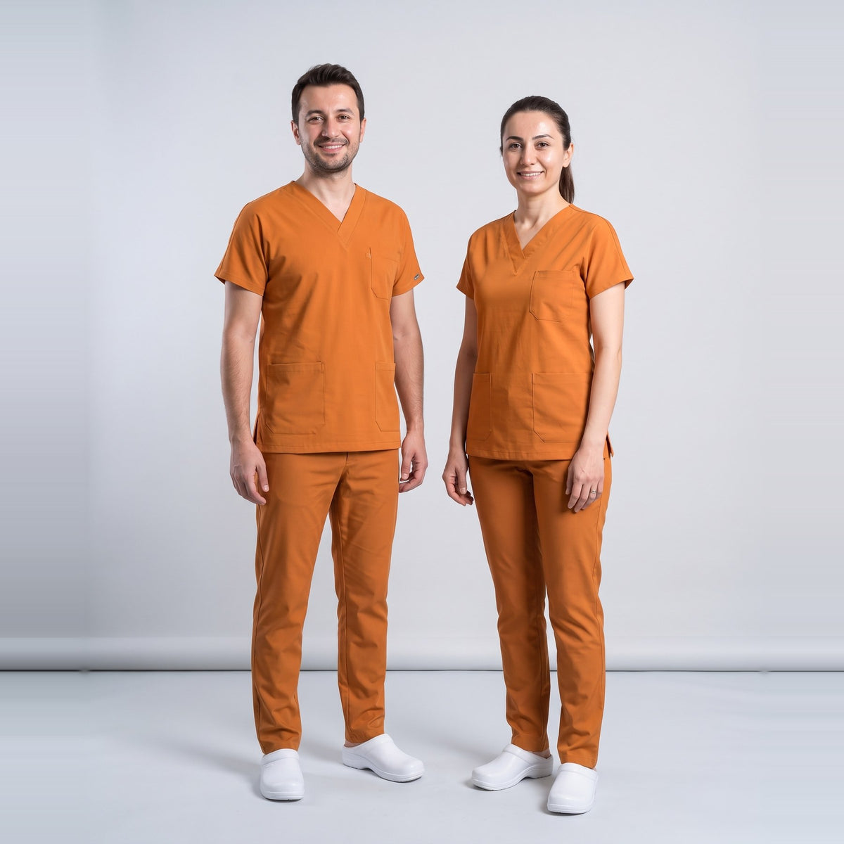 Turuncu Klinik Destek İşçi Forması Likralı Scrubs Takım (Orange Ochre) - 1