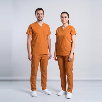 Turuncu Klinik Destek İşçi Forması Likralı Scrubs Takım (Orange Ochre) - 1