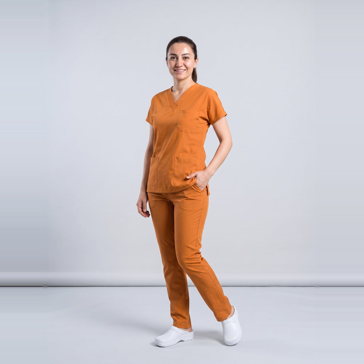 Turuncu Klinik Destek İşçi Forması Likralı Scrubs Takım (Orange Ochre) - 3
