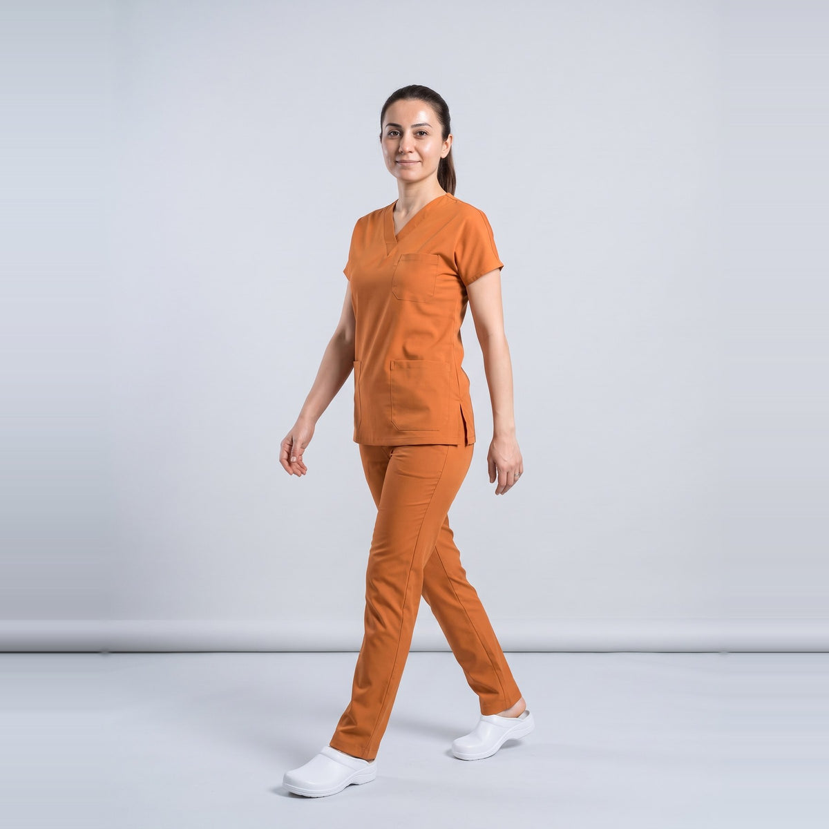 Turuncu Klinik Destek İşçi Forması Likralı Scrubs Takım (Orange Ochre) - 5