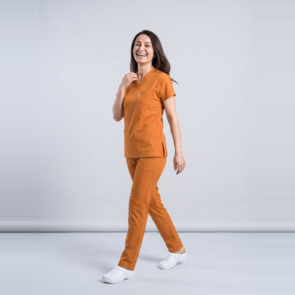 Turuncu Klinik Destek İşçi Forması Likralı Scrubs Takım (Orange Ochre) - 7